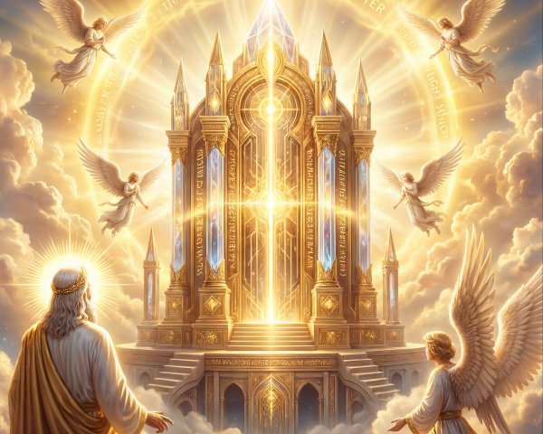 Ethereal Golden Temple Surrounded by Angels in Clouds