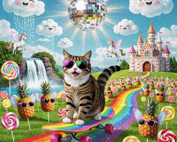 Cat Skateboarding on Rainbow Path with Colorful Scene