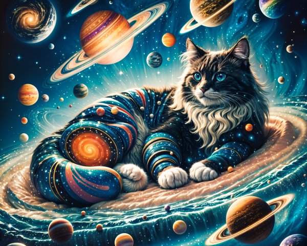 Whimsical Cat on Cosmic Backdrop with Galaxies