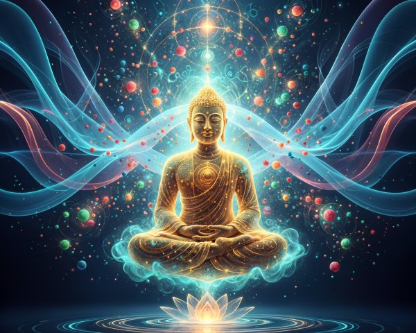 Luminous Buddha Figure Surrounded by Cosmic Colors