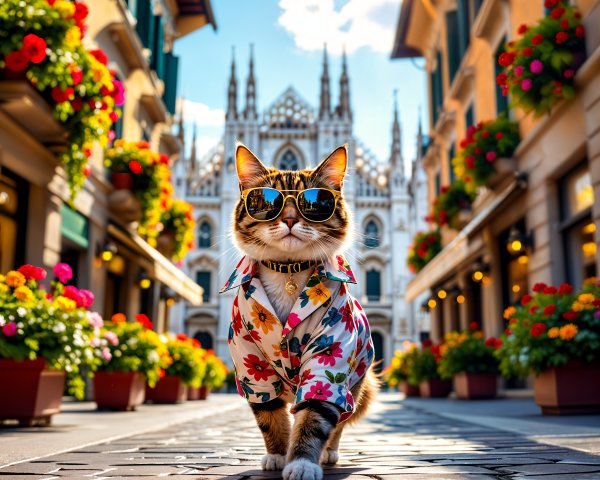 Stylish Cat in Floral Shirt on Cobblestone Street