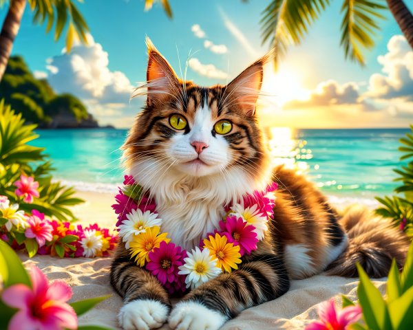 Maine Coon Cat on Beach with Sunset and Palm Trees
