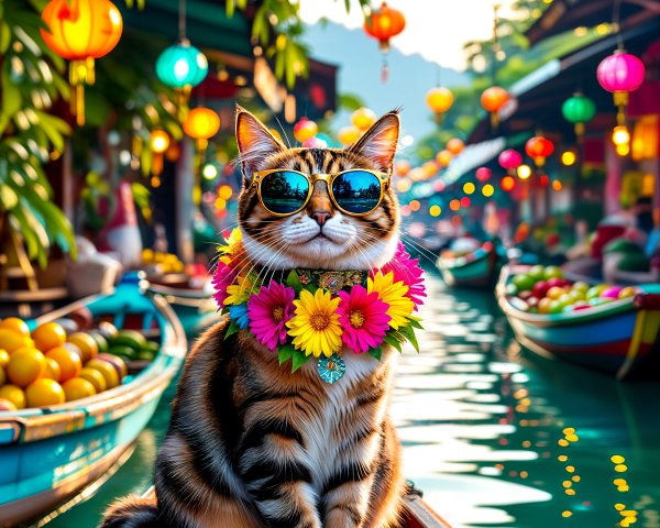 Stylish Cat in Sunglasses at Vibrant Market Scene