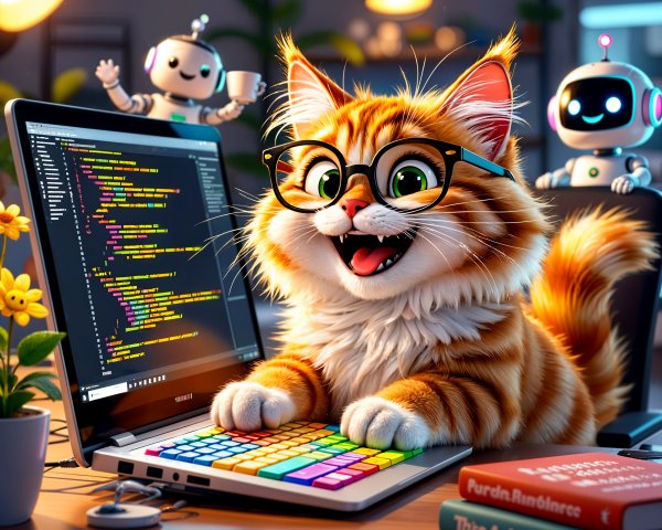 Cheerful Orange Tabby Cat Typing at a Desk with Robots