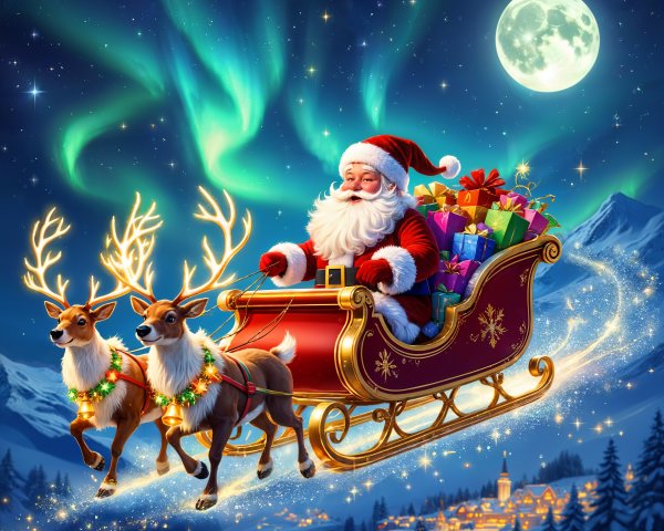 Santa Claus in a Sleigh Amidst a Snowy Landscape