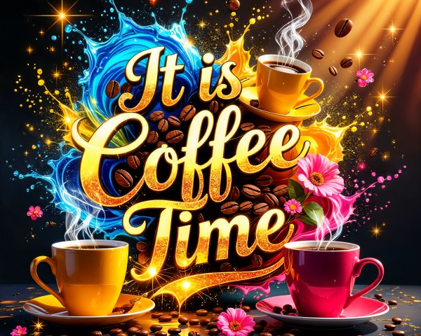 Colorful Coffee Time Design with Mugs and Beans