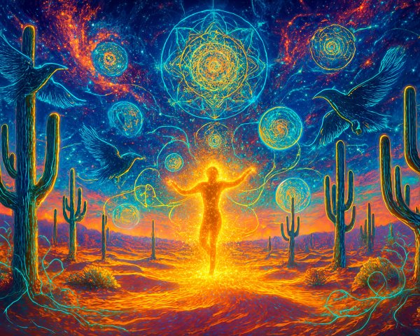 Desert Landscape at Dusk with Cacti and Stars