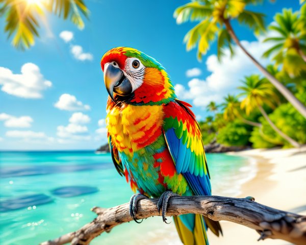 Vibrant Parrot on Tropical Beach with Turquoise Water
