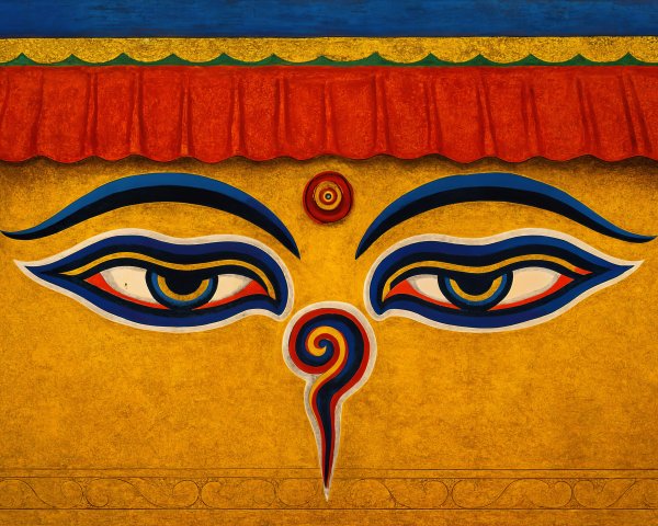 Vibrant Mural with Stylized Eyes and Spiral Symbol