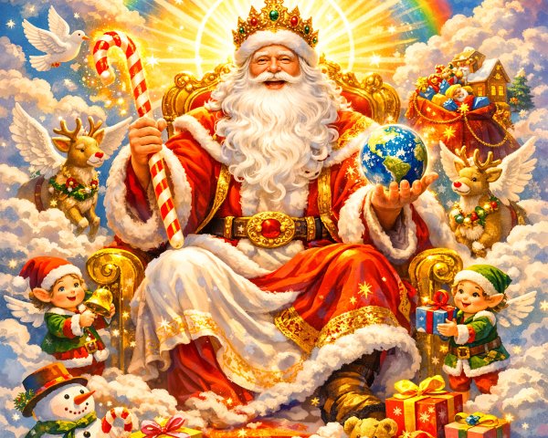 Santa Claus on a Golden Throne in the Clouds