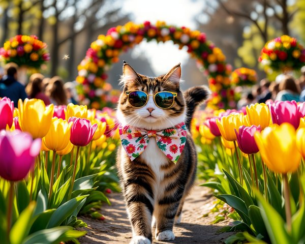 Cat in Sunglasses and Bow Tie Among Vibrant Tulips