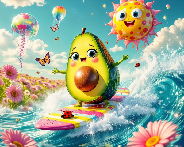 Cartoon Avocado Surfing in a Colorful Sunny Scene