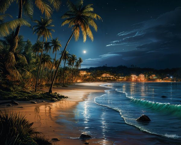 Serene Beach Scene Under Starry Night Sky