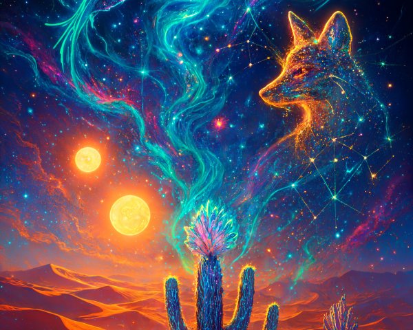 Vibrant cosmic landscape with glowing cactus and suns