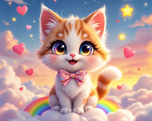 Fluffy Orange and White Kitten on a Cloud with Hearts
