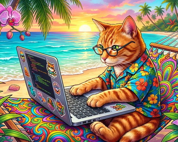 Orange Tabby Cat in Hawaiian Shirt on Psychedelic Hammock
