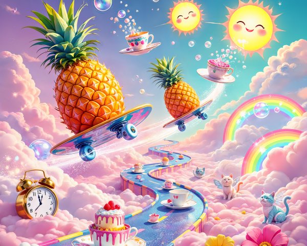 Whimsical Landscape with Colorful Clouds and Kittens