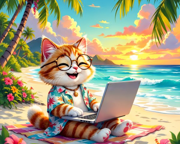 Whimsical Cat in Hawaiian Shirt at Sunset Beach