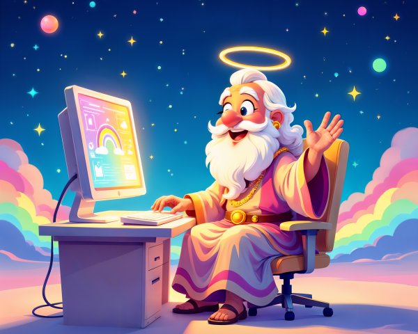 Benevolent Figure at Computer in Colorful Sky Scene