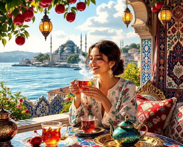 Woman on terrace with tea overlooking serene waterway