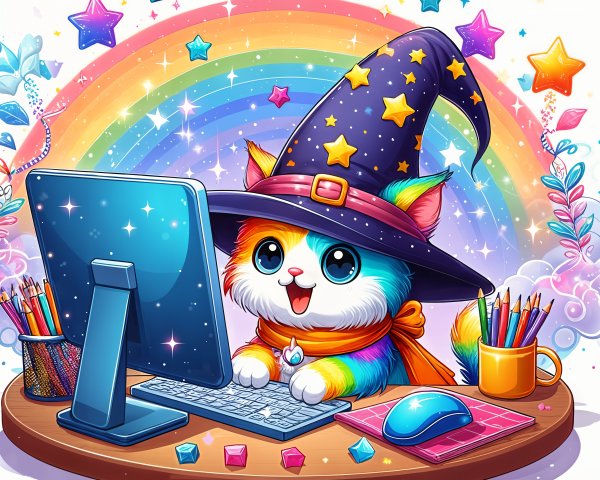Colorful Cat in Wizard Hat at Creative Desk Scene