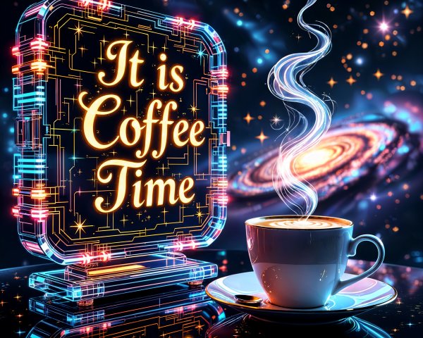 Coffee Time Sign with Cosmic Background and Coffee Cup