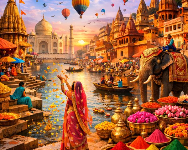 Vibrant Indian Festival Scene by a River Ghat