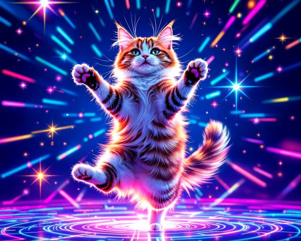 Colorful Cat Dancing in a Vibrant Starry Background