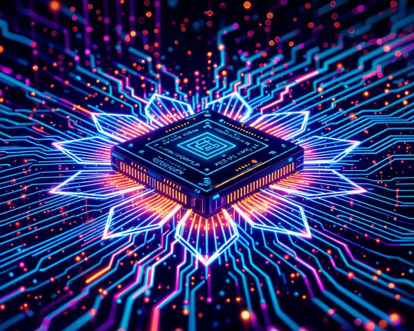 Vibrant Digital Microchip with Colorful Radiating Lines