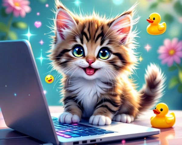 Fluffy Kitten Surrounded by Flowers and Duckies