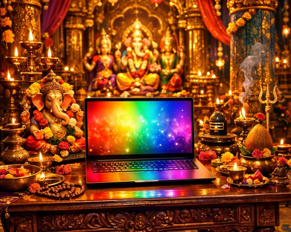 Vibrant Hindu Shrine with Modern Laptop and Ritual Items