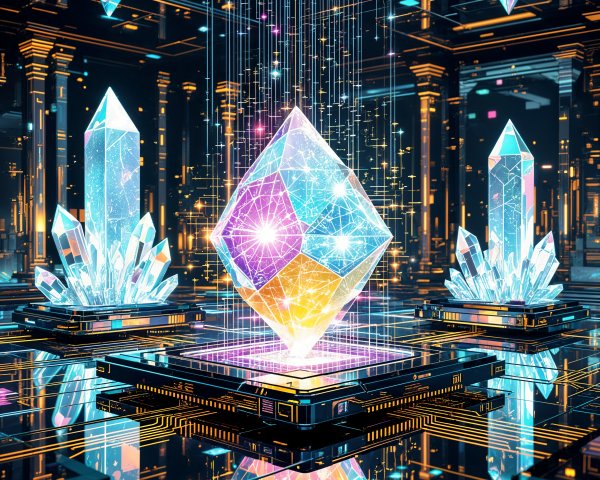 Futuristic Digital Landscape with Glowing Crystal