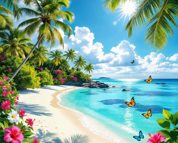 Tranquil Tropical Beach with White Sand and Turquoise Waters