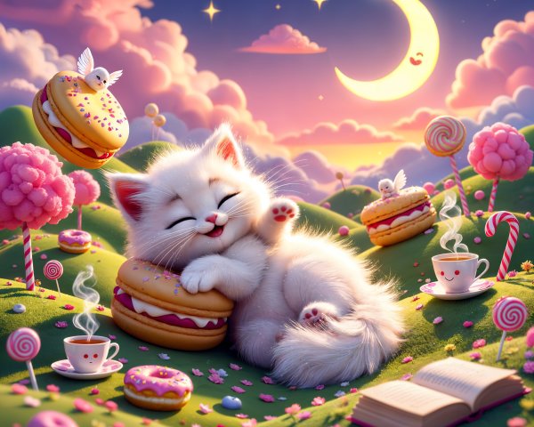 Whimsical Kitten with Giant Macaron in Sweet Landscape
