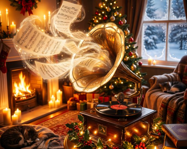 Cozy Holiday Setting with Vintage Gramophone and Tree