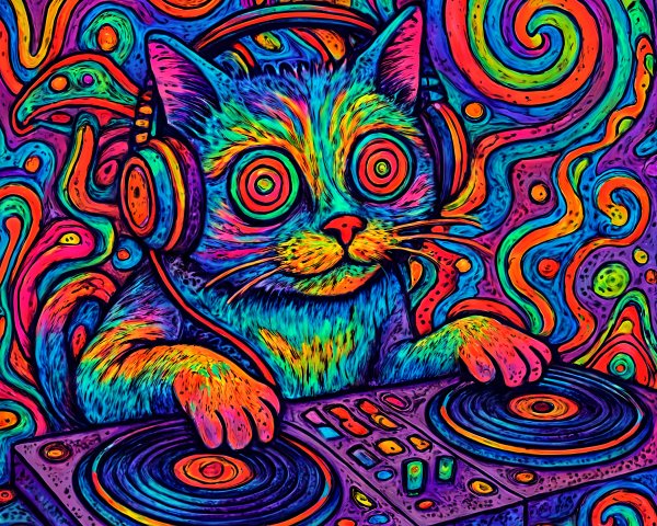 Psychedelic Cat Illustration with DJ Turntable Theme