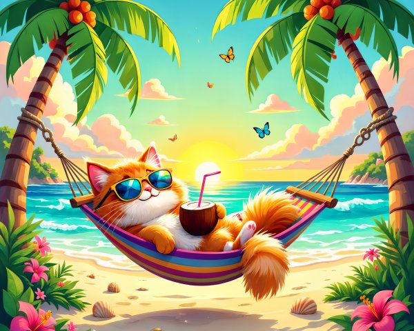 Fluffy Orange Cat in Hammock at Tropical Beach