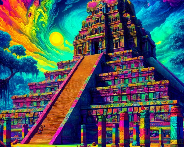 Psychedelic Temple in Surreal Landscape with Cosmos