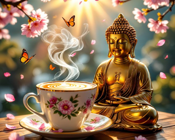 Golden Buddha and Floral Teacup in Tranquil Setting