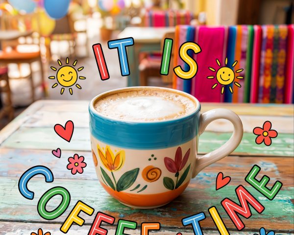 Decorative Coffee Mug with Frothy Coffee and Balloons