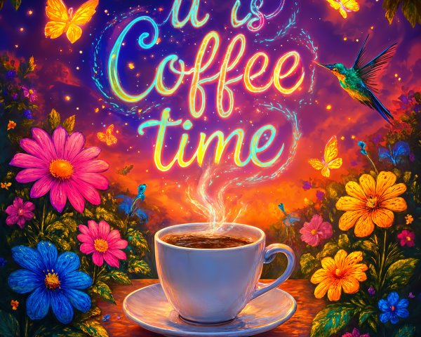 Vibrant Coffee Scene with Flowers and Sunset Background