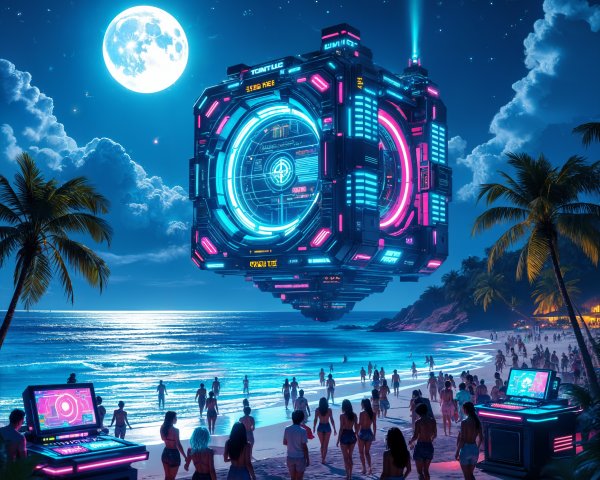 Futuristic Cube Illuminates Vibrant Night Beach Scene