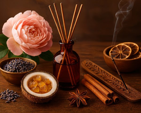 Amber Glass Bottle with Incense and Floral Arrangement