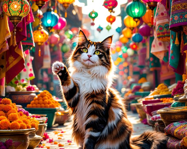 Calico Cat in a Colorful Market Setting