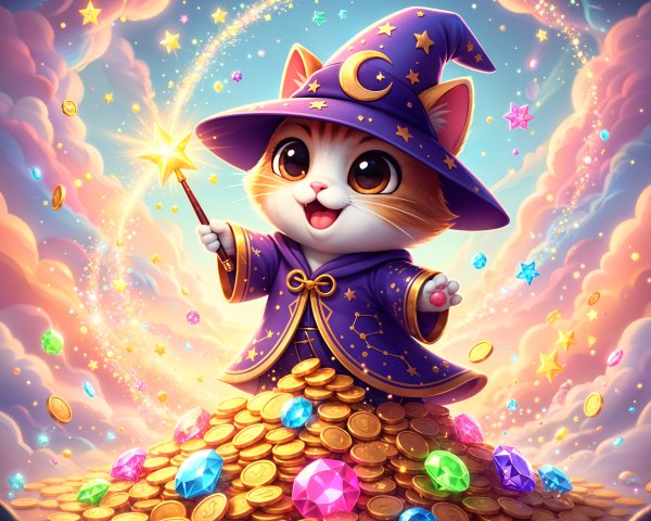 Cartoon Cat in Wizard Hat on Gold Coins and Gems