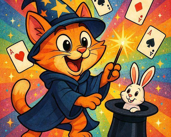 Cheerful Orange Cat in Wizard Hat Performs Magic