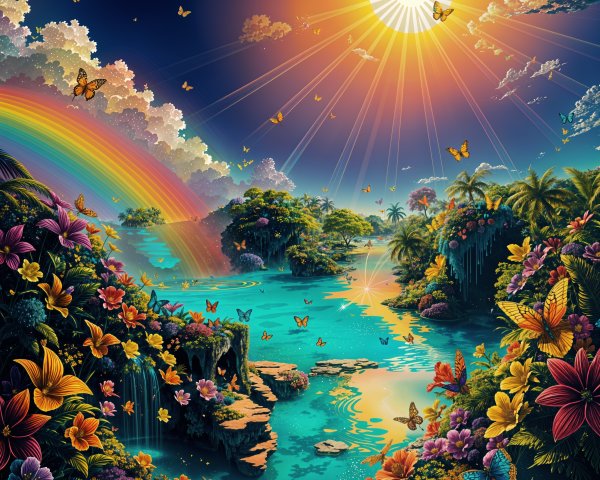 Vibrant Tropical Landscape with Waterfalls and Rainbow