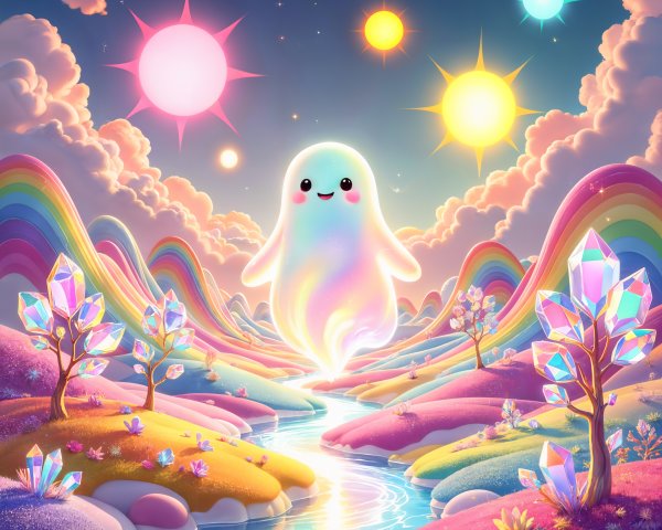 Whimsical Landscape with Cheerful Translucent Ghost
