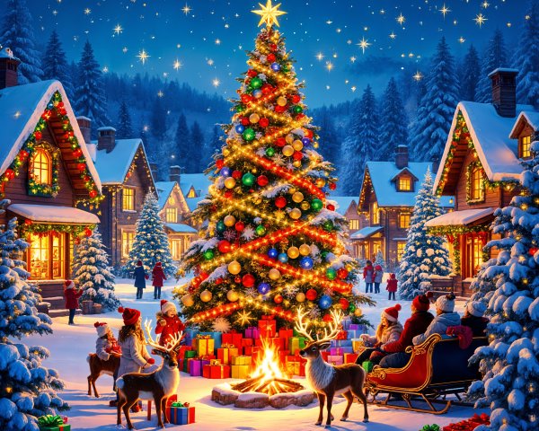 Winter Scene with Decorated Christmas Tree and Cottages