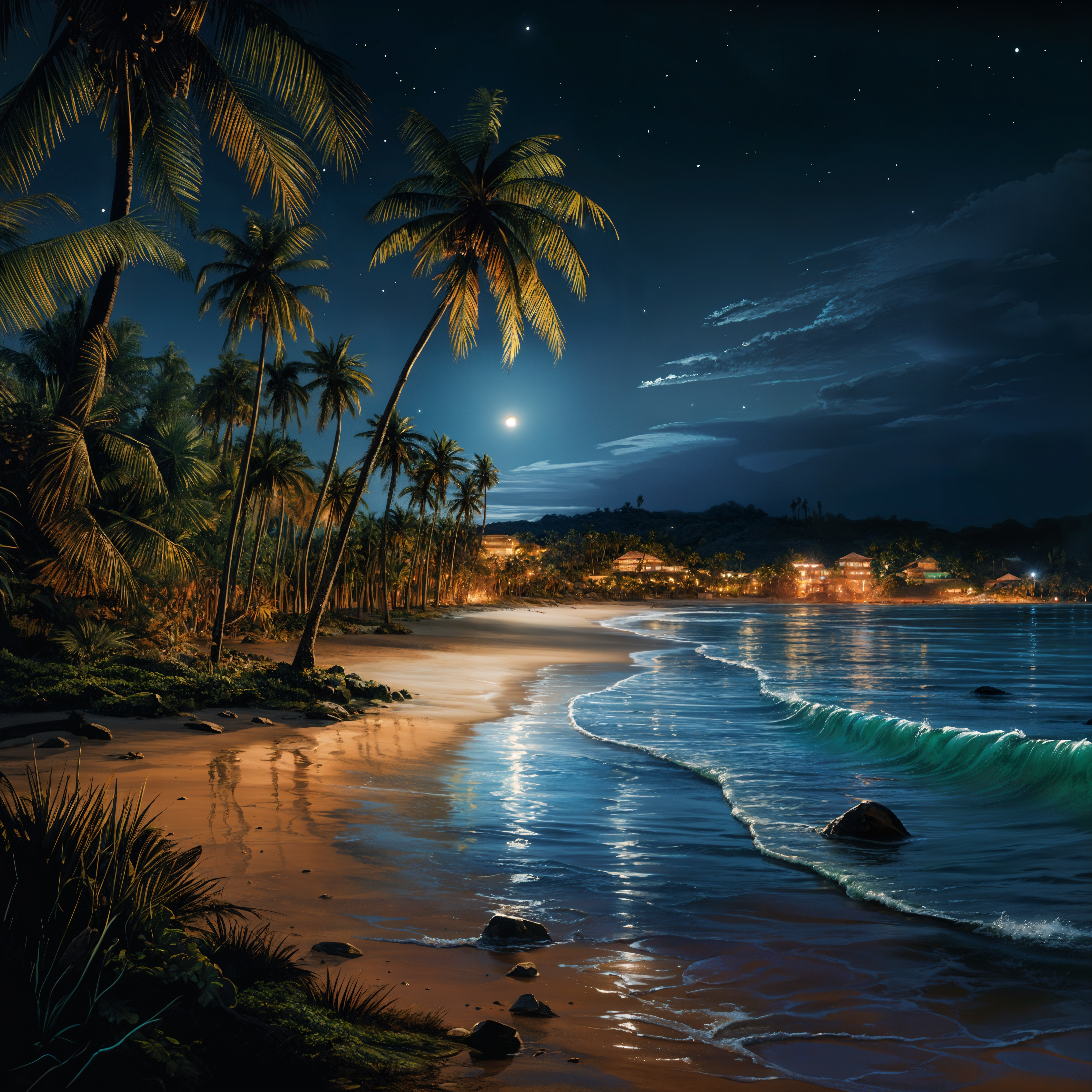 Serene Beach Scene Under Starry Night Sky